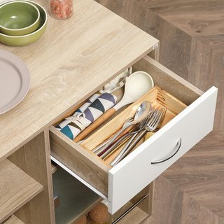 Carro De Cocina Moderno Con Cajón, Estantes Y Armario, Isla Para Cocina Portacomidas En Madera, Acero Y Vidrio, 65X39X80Cm
