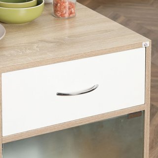 Carro De Cocina Moderno Con Cajón, Estantes Y Armario, Isla Para Cocina Portacomidas En Madera, Acero Y Vidrio, 65X39X80Cm