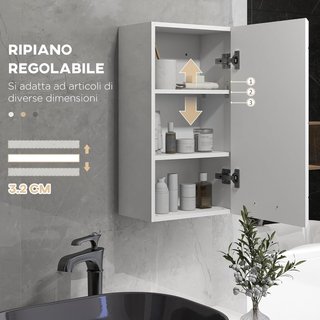 Mueble de Baño en MDF con 3 Estantes y Estante Superior Regulable, Armario de Baño con Montaje en Pared, 37X22.5X70 Cm, Blanco Brillante
