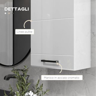 Mueble de Baño en MDF con 3 Estantes y Estante Superior Regulable, Armario de Baño con Montaje en Pared, 37X22.5X70 Cm, Blanco Brillante