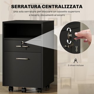 Archivador De Oficina Con 2 Cajones, 5 Ruedas Y Estante Abierto, Cajonera De Oficina Con Cerradura Y 2 Llaves para Carta/Formato A4, Armario Vertical Para Estudio, 39X40X65 Cm, Negro