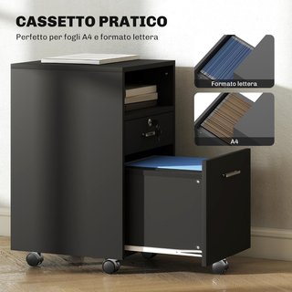 Archivador De Oficina Con 2 Cajones, 5 Ruedas Y Estante Abierto, Cajonera De Oficina Con Cerradura Y 2 Llaves para Carta/Formato A4, Armario Vertical Para Estudio, 39X40X65 Cm, Negro