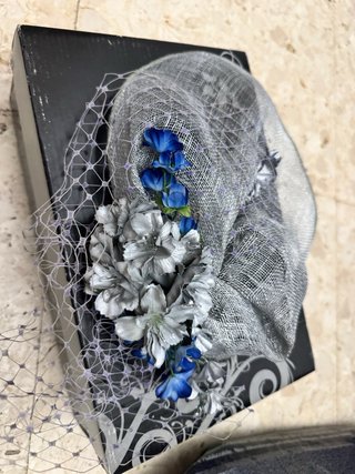Conjunto Madrina Vestido Azul, zapatos y tocado