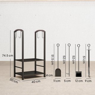 Portalegna Elegante de Metal en 2 Niveles con 4 Utensilios de Chimenea Robusto y de Calidad 40X30X74.5Cm Negro