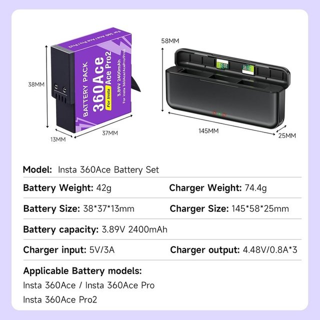 CITYORK Carregador 3 ranhuras + 2x2400mAh Insta360