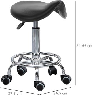Taburete Con 5 Ruedas, Taburete Regulable en Altura, Asiento Ergonómico Acolchado en Espuma, Diseño Moderno, Versátil, 36.5X37.5X51-66 Cm, Negro