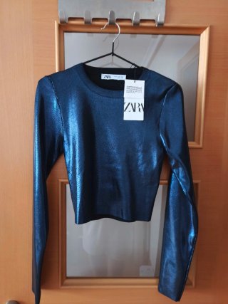 Top Zara Manga Larga Negro/Azul