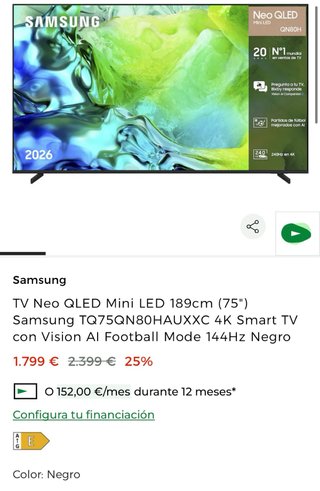 TV Samsung Neo QLED 75 4K TQ75QN80HAUXXC
