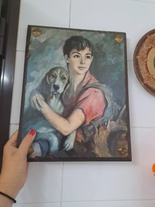 Cuadro niño y perro sobre madera