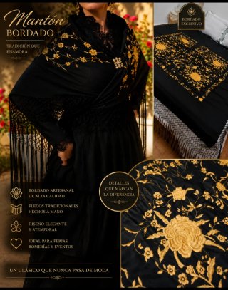 Precioso Mantón de Manila Bordado Negro y Dorado