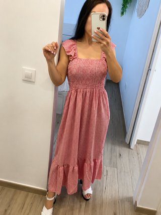 Vestido largo romántico vichy rojo