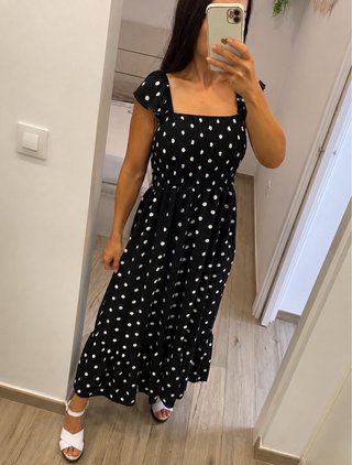 Vestido negro lunares blanco largo