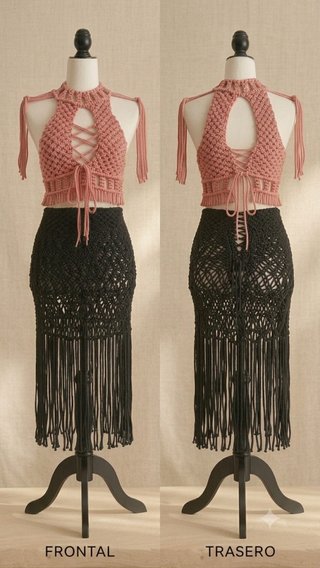 Conjunto Macramé salmón y Negro realizado a mano
