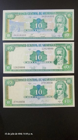Nicaragua 3 Banconote 10 Córdoba 1990-1996-1999