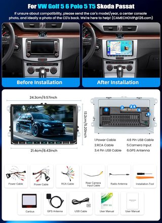 CAMECHO Android 15 CarPlay 4+128GB VW Golf