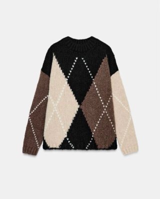 Jersey Zara Argyle Negro Marrón Beige