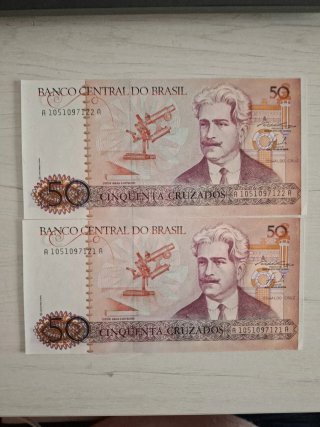2 Banconote 50 Cruzados Brasil Serie Correlativa