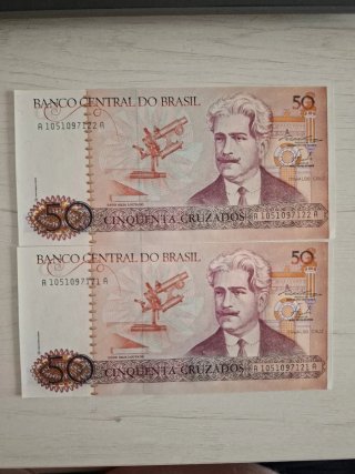 2 Banconote 50 Cruzados Brasil Serie Correlativa