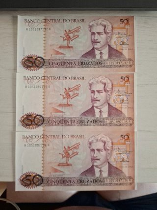 3 Banconote da 50 Cruzados del Brasile Serie Correlativa