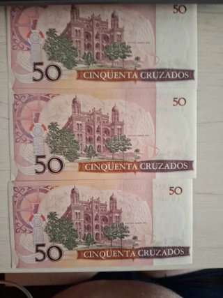3 Banconote da 50 Cruzados del Brasile Serie Correlativa