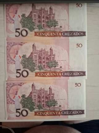 3 Banconote da 50 Cruzados del Brasile Serie Correlativa