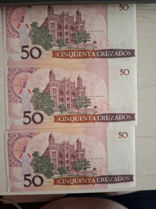 3 Banconote da 50 Cruzados del Brasile Serie Correlativa