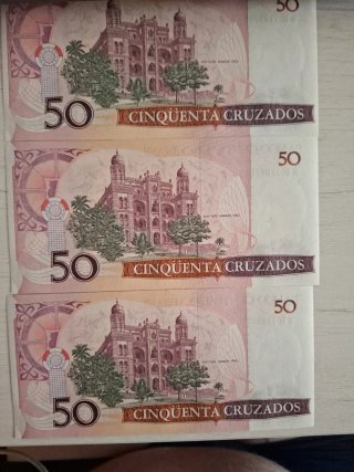 3 Banconote da 50 Cruzados del Brasile Serie Correlativa