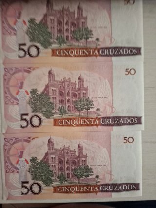 3 Banconote da 50 Cruzados del Brasile Serie Correlativa