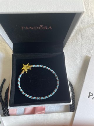 Pulsera Pandora Estrella Dorada Cuero Azul