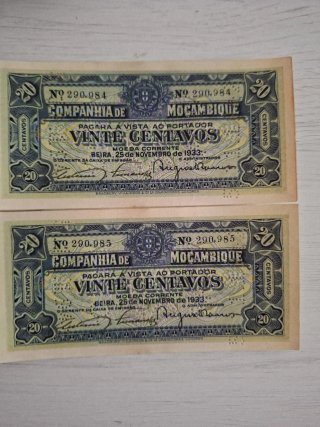 2 Banconote da 20 Centavos Mozambico 1933