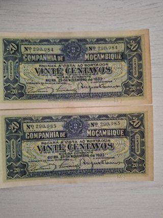 2 Banconote da 20 Centavos Mozambico 1933