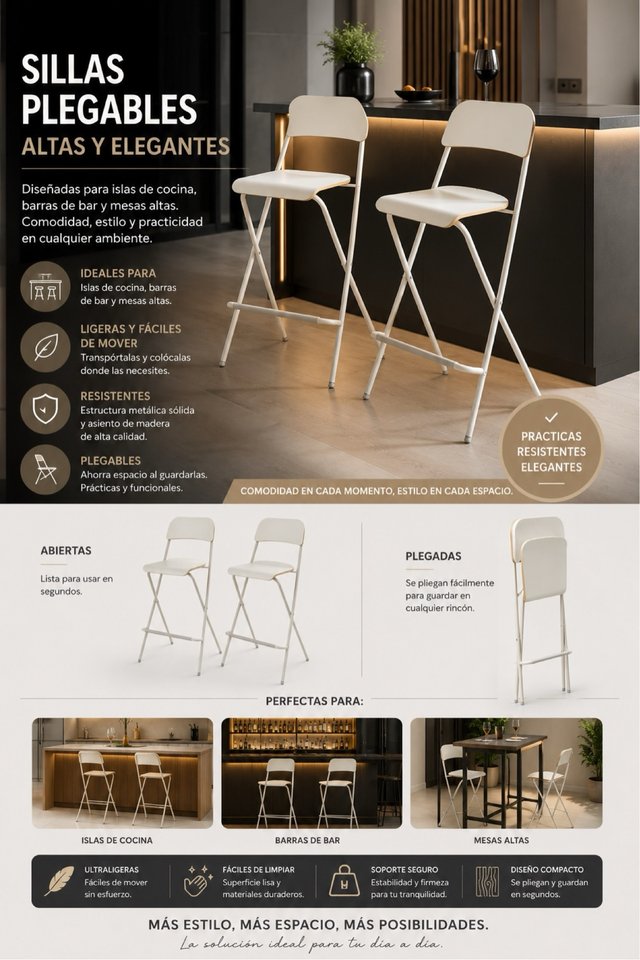 Taburetes Altos Plegables Madera y Metal