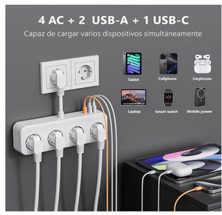 Regleta 4 enchufes + 3 USB