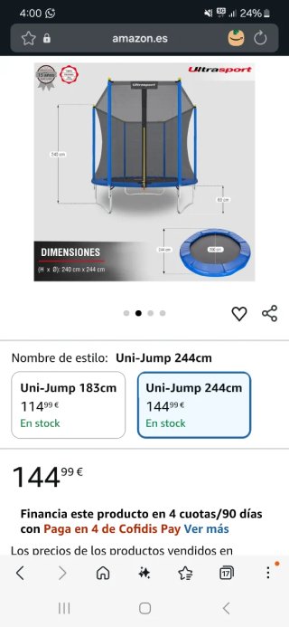 Cama elástica Ultrasport Uni-Jump 244cm