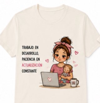 Camiseta Beige Ilustración Mujer y Bebé