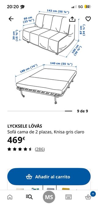 Sofá cama IKEA LYCKSELE gris + colchón + funda |