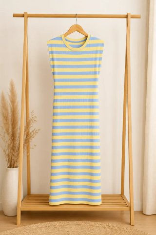 Vestido de rayas azul y amarillo