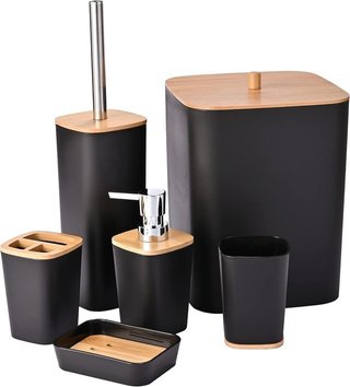 Set Accessori Bagno Nero e Legno