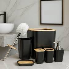 Set Accessori Bagno Nero e Legno