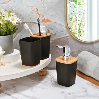 Set Accessori Bagno Nero e Legno