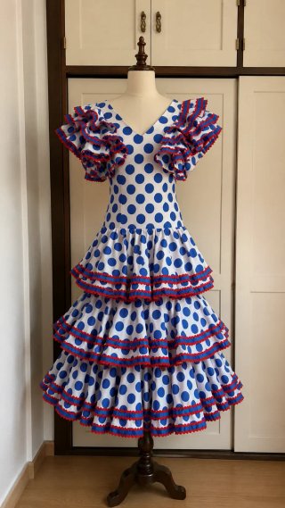 Vestido Flamenca Lunares Azul y Rojo