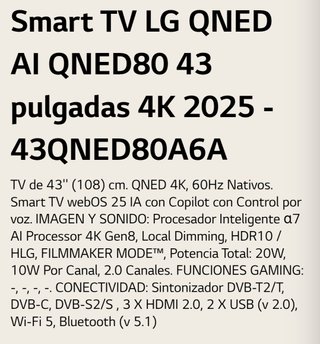 TV LG 43 QNED AI 2025