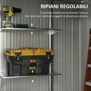 Caseta de Jardín 2.7M² de Acero Galvanizado con Estantes Ajustables, Salidas de Aire, Cobertizo de Jardín con Cerradura, Techo Inclinado, Doble Puertas Correderas Bloqueables, Gris Oscuro