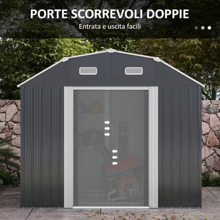 Caseta de Jardín 2.7M² de Acero Galvanizado con Estantes Ajustables, Salidas de Aire, Cobertizo de Jardín con Cerradura, Techo Inclinado, Doble Puertas Correderas Bloqueables, Gris Oscuro