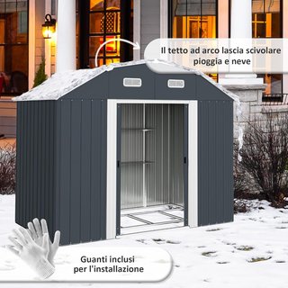 Caseta de Jardín 2.7M² de Acero Galvanizado con Estantes Ajustables, Salidas de Aire, Cobertizo de Jardín con Cerradura, Techo Inclinado, Doble Puertas Correderas Bloqueables, Gris Oscuro