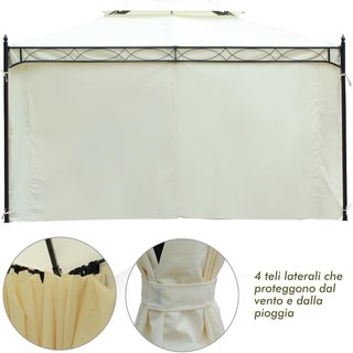 Gazebo De Jardín 3X4M De Acero Con Doble Techo Y 4 Cortinas Laterales Crema