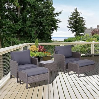Conjunto de Muebles de Jardín 2 Sillones 2 Puff 1 Mesa de Vidrio Templado Rattan Gris