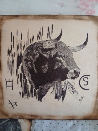 Pirografía de Toro en Madera hecho en tinta negra