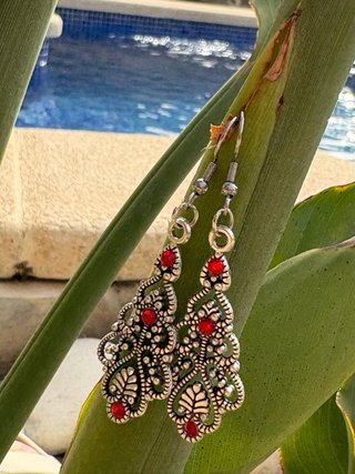 Pendientes plateados con piedras rojas