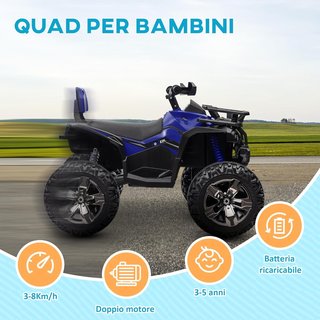 Quad Eléctrico de 12V para Niños de 3-5 Años 3-8Km/H, Coche Eléctrico para Niños con Batería de 10AH, Música, MP3, USB, Tarjeta TF, Faros y Pedal, en PP y Metal, 100X65X73 Cm, Azul